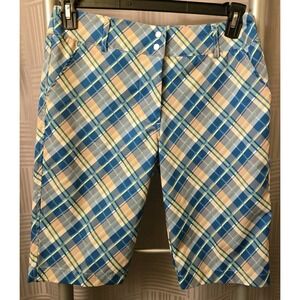 GG Blue Bermuda Shorts Womens Size 6 Teal Plaid Geometric Pockets Zip 30x11